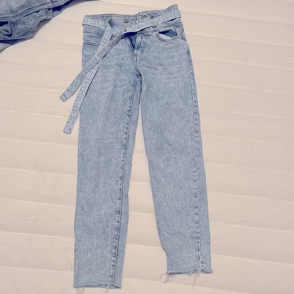 light blue denim jeans with tie on front